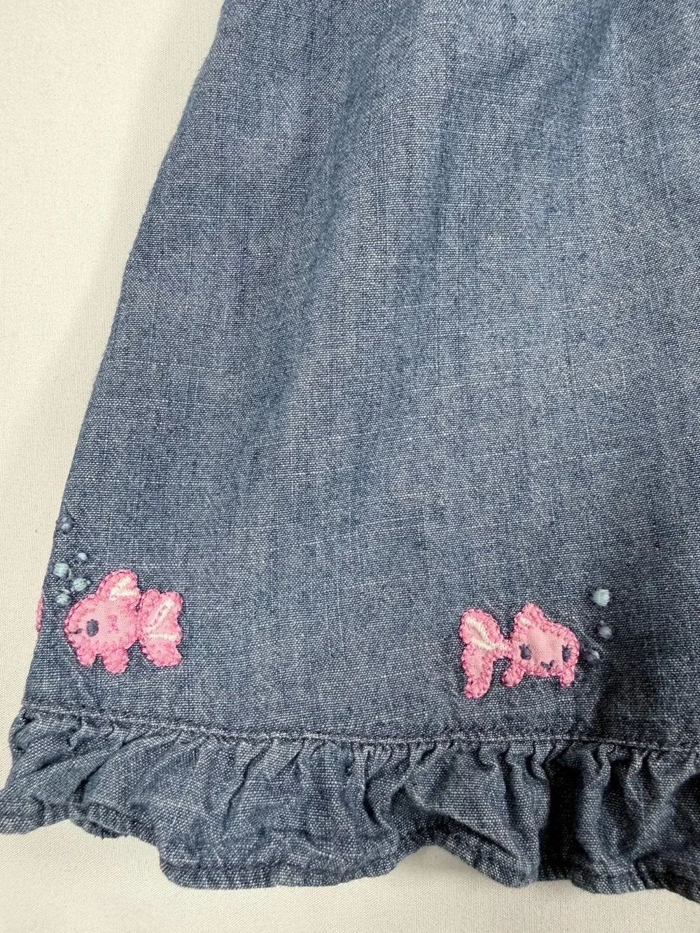 GYMBOREE Girl VTG Bubbly Baby Line‎ Chambray Fish Embroidered Ruffle Dress 6-12M